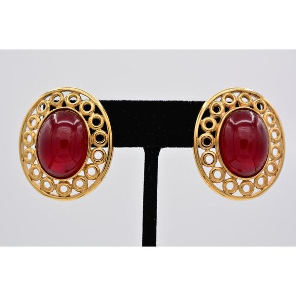 Givenchy Jewelry - Givenchy Vintage Cabochon Earrings Red Oval Gold Chunky Signed Retro 1980s BinAZ